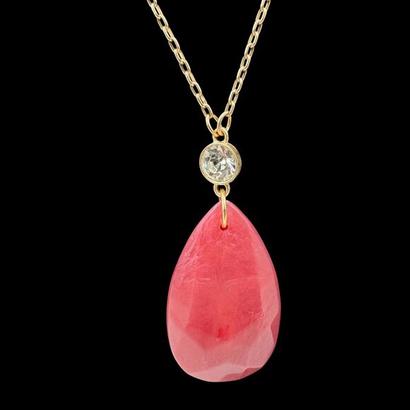 Gold Tone Necklace Rhodochrosite Colored Teardrop Pendant Mid-Century Modern - Picture 3 of 14